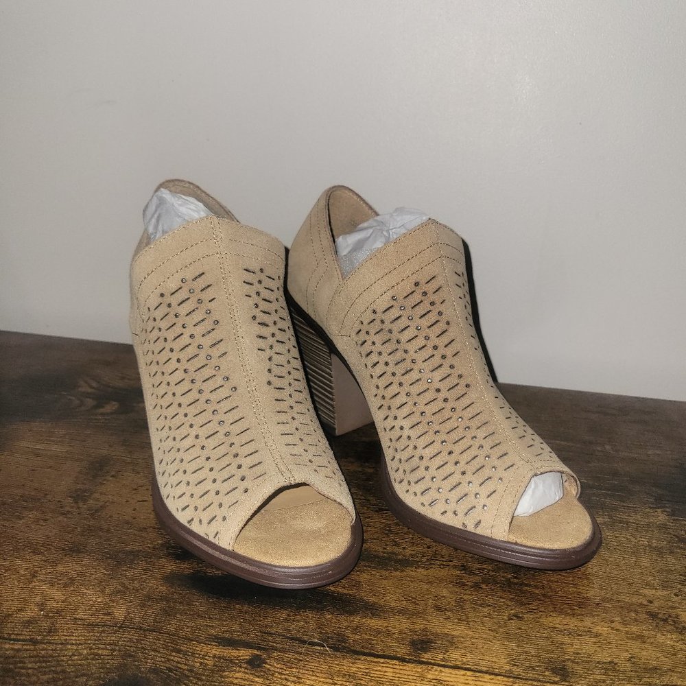 Dirty Laundry Camel Split Suede Peep Toe Bootie